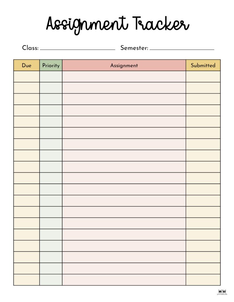 assignment trackers - 12 free printables | printabulls